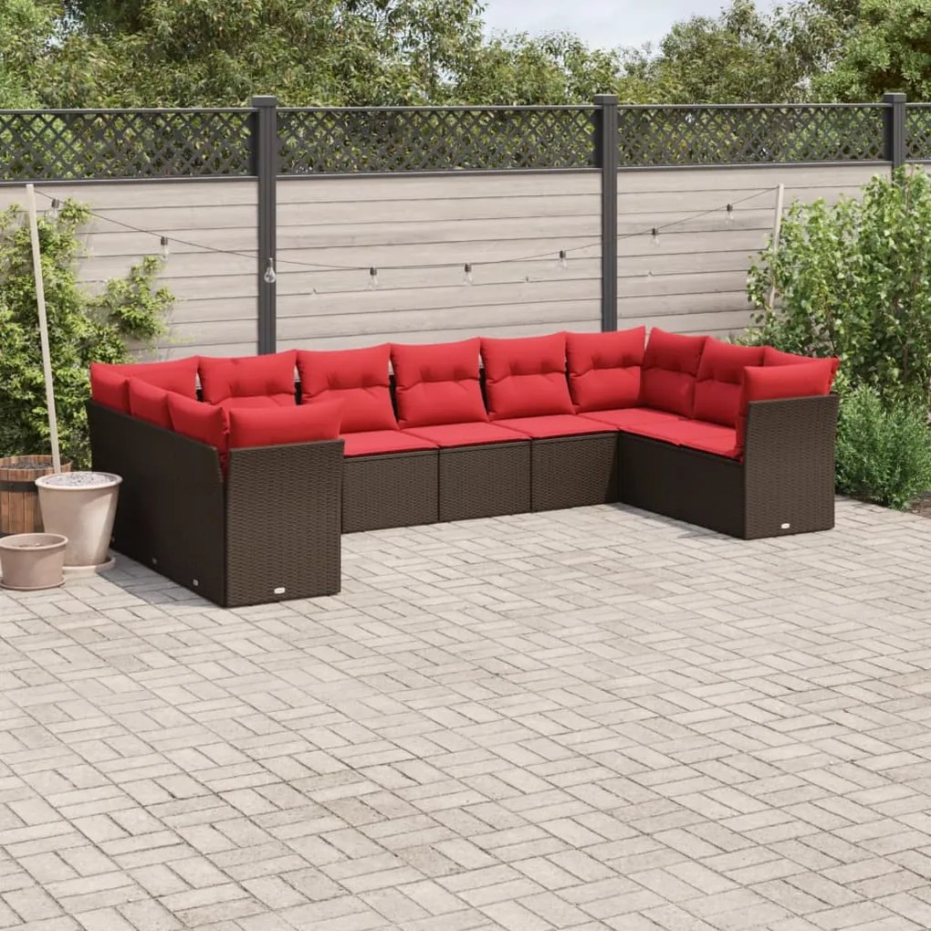 vidaXL 10 pcs conj. sofás jardim com almofadões vime PE castanho