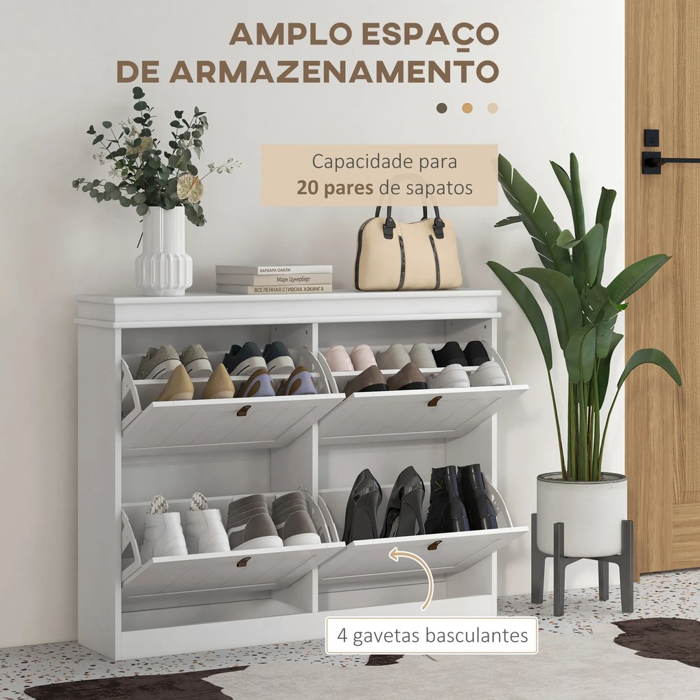 Móvel Sapateira Branco Sapateira Estreita com 4 Portas e Prateleira Ajustável para 20 Pares de Sapatos 150x24x82,5 cm Branco