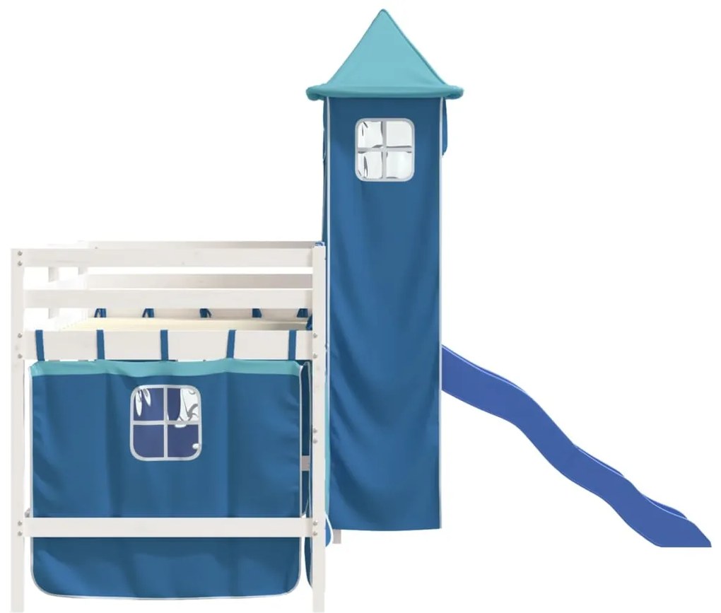 Cama alta para criança com torre 90x200 cm pinho maciço azul