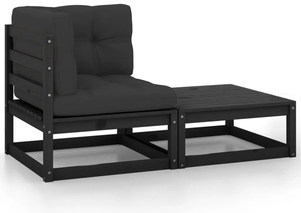 2 pcs conjunto lounge jardim c/ almofadões pinho maciço preto