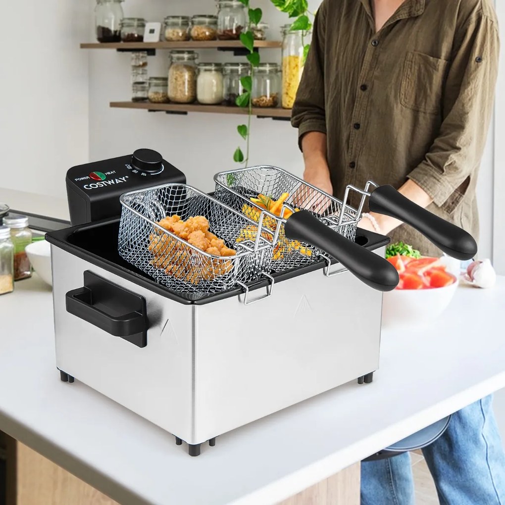 Fritadeira elétrica de 2000 W com 3 cestos Temperatura ajustável e tampa com janela de visualização uso doméstico Prata e preto