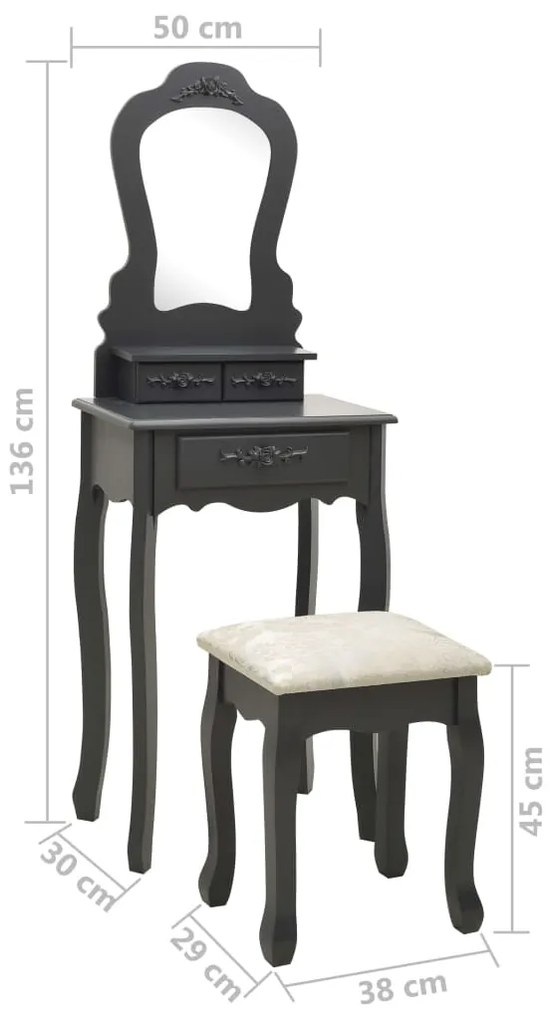 Conj. toucador com banco 50x59x136 cm madeira paulownia cinza