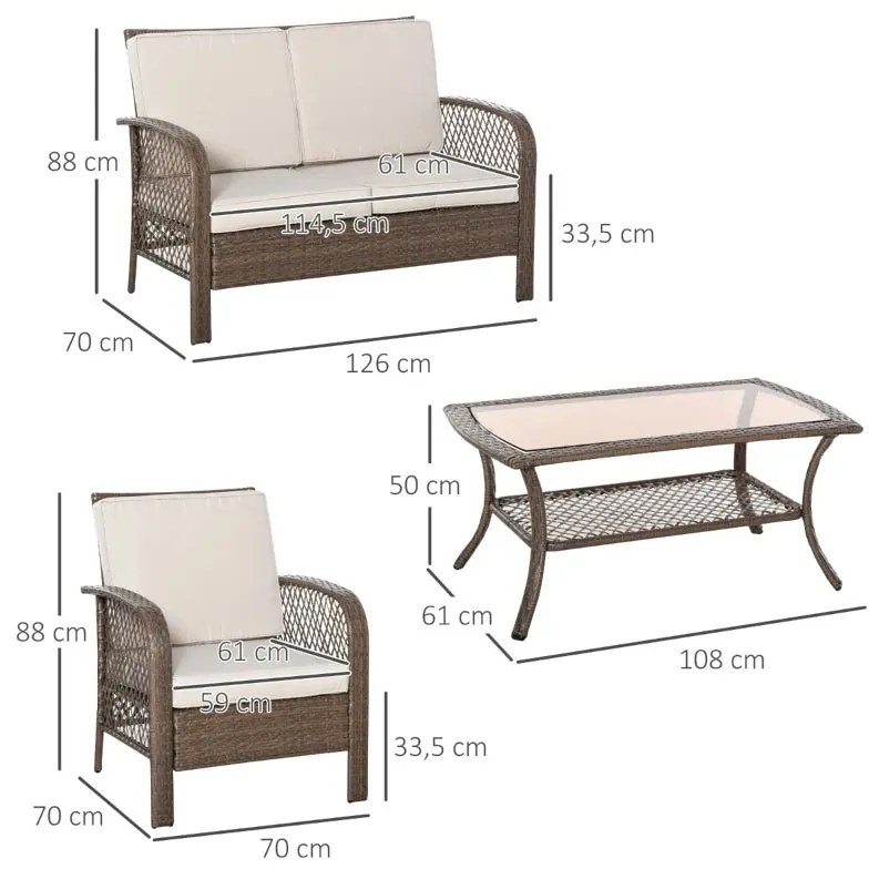 Conjunto Lounge em Vime de 2 Poltronas, 1 Sofá Duplo e 1 Mesa de Centr