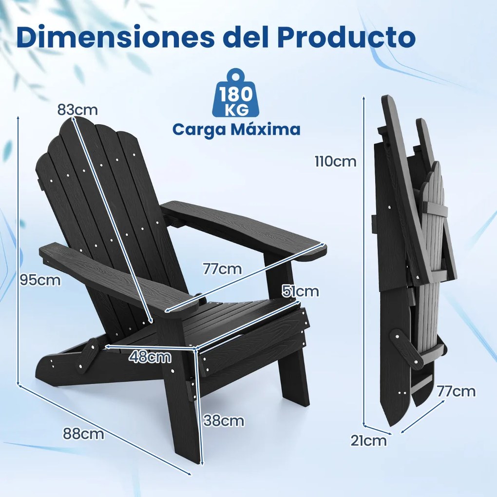 Cadeira Adirondack Jardim HIPS com braços largos e encosto inclinado para relvados exteriores jardim Preta