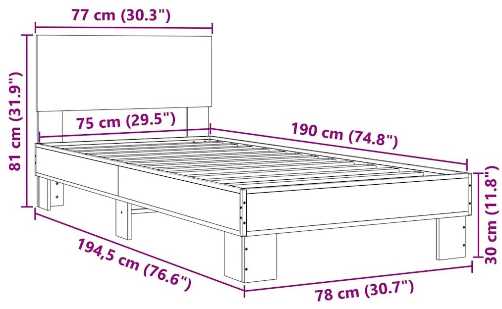 Estrutura de cama 75x190 cm derivados de madeira e metal preto