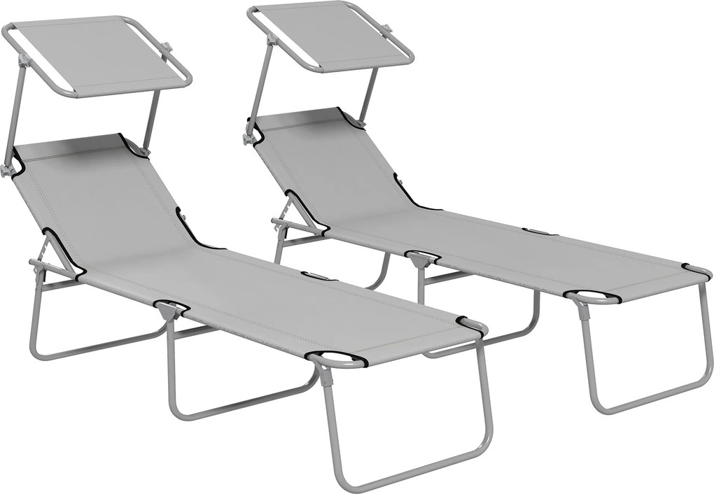 Outsunny Conjunto de 2 Espreguiçadeiras Dobráveis para Jardim com Toldo Ajustável, em Tecido Oxford e Metal, 187x58x36 cm, Cinza Claro | Aosom Portugal