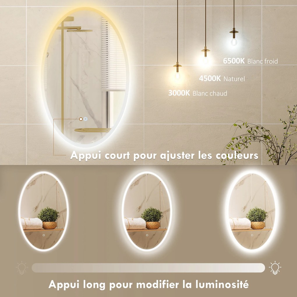 Espelho de casa de banho com iluminação, 80 x 50 cm, espelho LED oval, antiembaciamento, 3 cores de luz, intensidade regulável, transparente