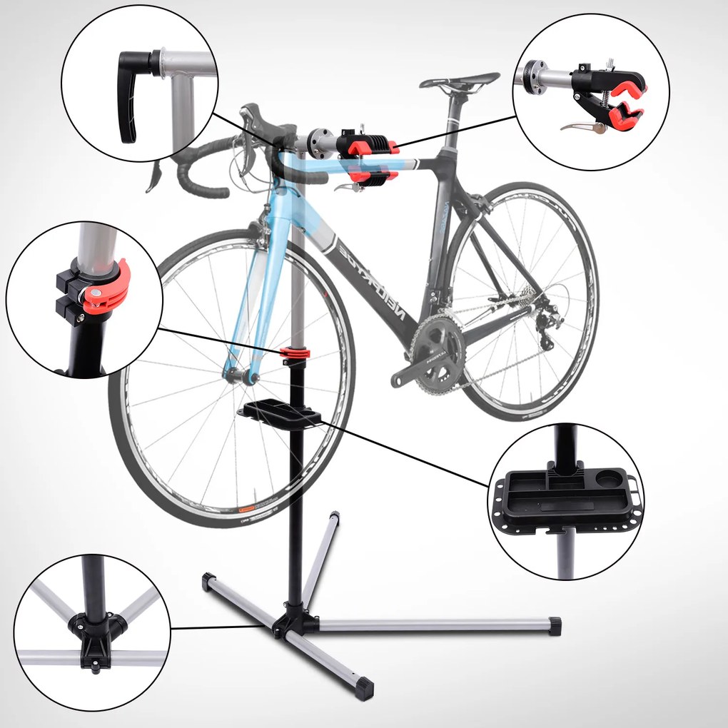 Suporte tipo cavalete para reparação de bicicletas – Cor preto e prateado - Aço – 100x56x190cm