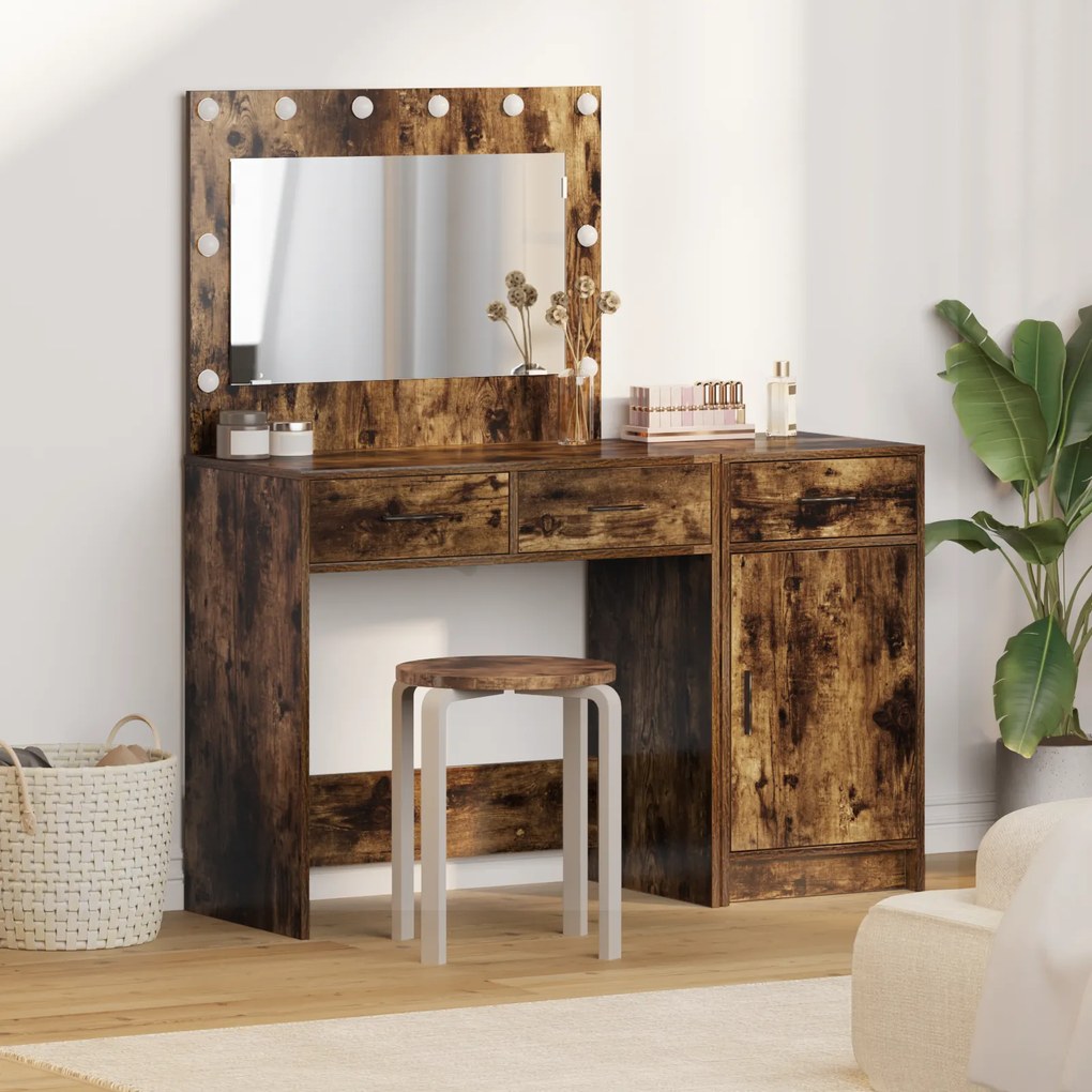 Conjunto de Mesa de Maquiagem de 2 Peças com LED em Carvalho Fumê de Madeira Revestida