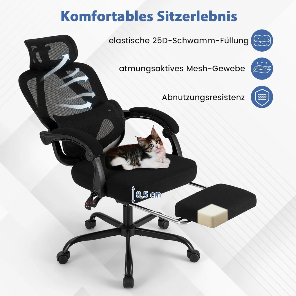 Cadeira de escritório ergonómica com apoio para os pés retrátil, cadeira de escritório com encosto ajustável Preta