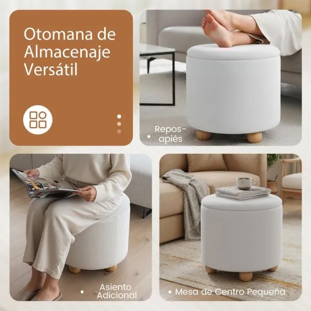Banco redondo com arrumação 35 L oculta estofado em chenille, tampo removível e pernas de madeira para sala ou quarto branco