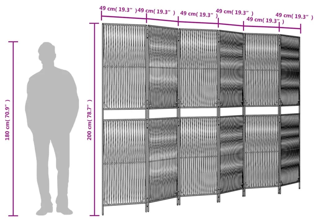 Biombo de divisão 6 painéis vime PE cinzento