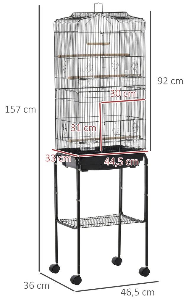 PawHut Gaiola para Passáros com Suporte Gaiola Metálica de Aves Canários com 4 Rodas Portas 4 Comedouros 3 Poleiros Bandeja Removível e