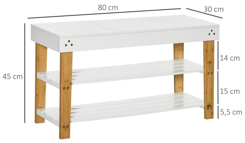 Banco Sapateiro de Bambú Banco Sapateiro com Baú de Armazenamento e 2 Prateleiras para 6 Sapatos para Entrada Corredor 60x33x50cm Madeira e Branco