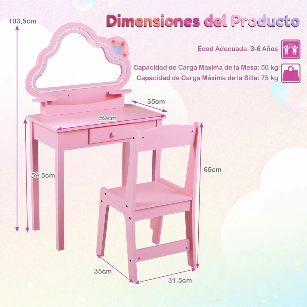Conjunto de Toucador Infantil e Cadeira, 59 x 35 x 103,5 cm, Espelho em Forma de Nuvem com LED, Rosa