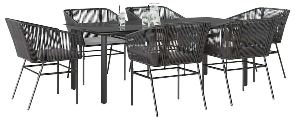 Conjunto de jantar jardim 7 peças almofadas vidro vime PE preto