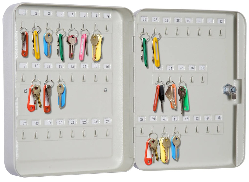 HOMCOM Chaveiro 45 Ganchos Chaveiro de Parede Caixa de Segurança com Fechadura Etiquetas 30x24x7,5 cm Aço