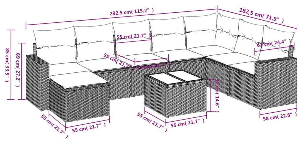 9 pcs conjunto de sofás p/ jardim com almofadões vime PE bege