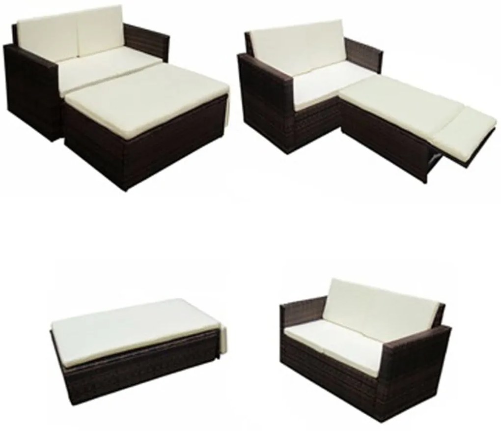2 pcs conjunto lounge jardim c/ almofadões vime PE castanho