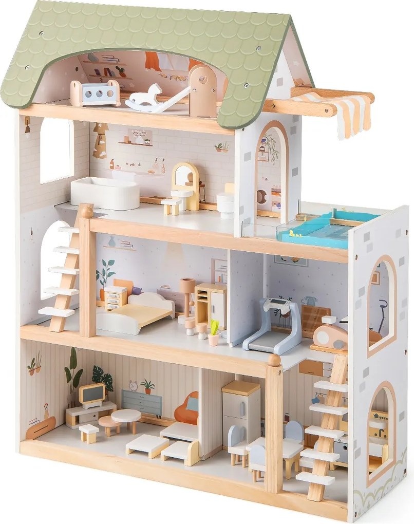 Casa de bonecas de madeira para crianças 63 x 25 x 78 cm com 33 acessórios de mobiliário, 6 quartos, para maiores de 3 anos, verde claro
