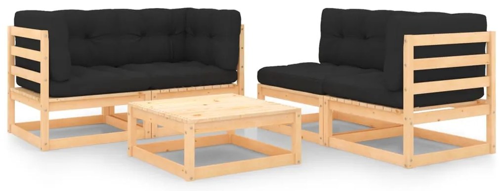 5 pcs conjunto lounge de jardim c/ almofadões pinho maciço