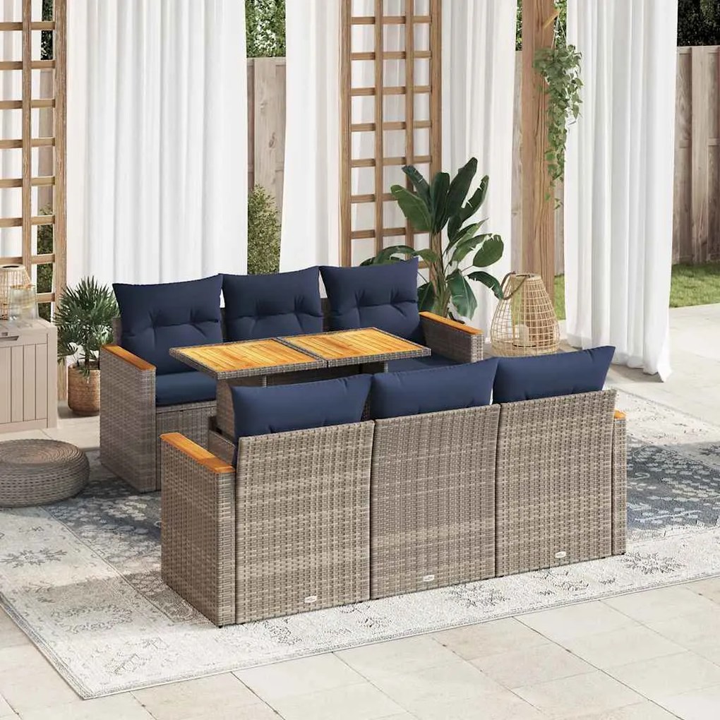 7 pcs conjunto sofás p/ jardim c/ almofadões vime PE cinzento