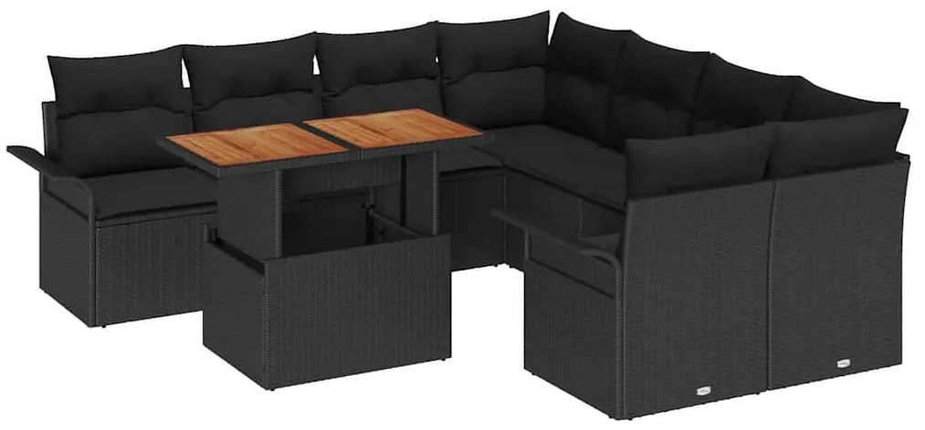 Conjunto de sofá de jardim com 9 peças e almofadas pretas em rattan si