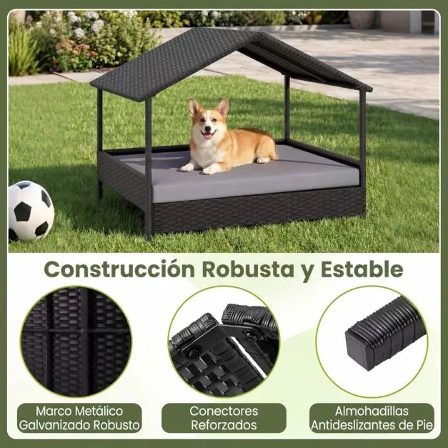 Cama de rattan para cães com toldo de rattan, para jardim 98 x 69 x 74 cm, Suporta 60 kg Almofada removível para interior e exterior cinza e preto