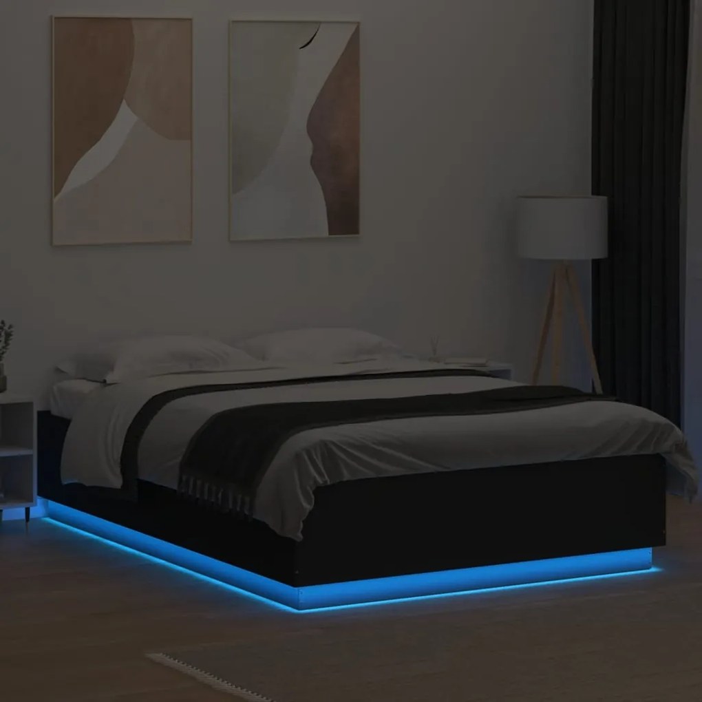 Estrutura cama c/ luzes LED 140x200 cm derivados madeira preto
