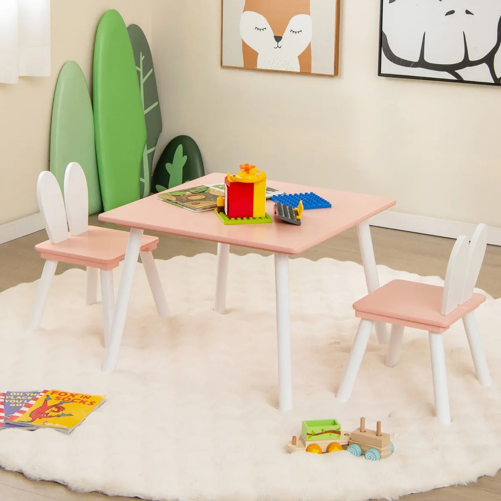 Conjunto de mesa e cadeiras para crianças Mesa quadrada 2 cadeiras desenho coelhos Rosa