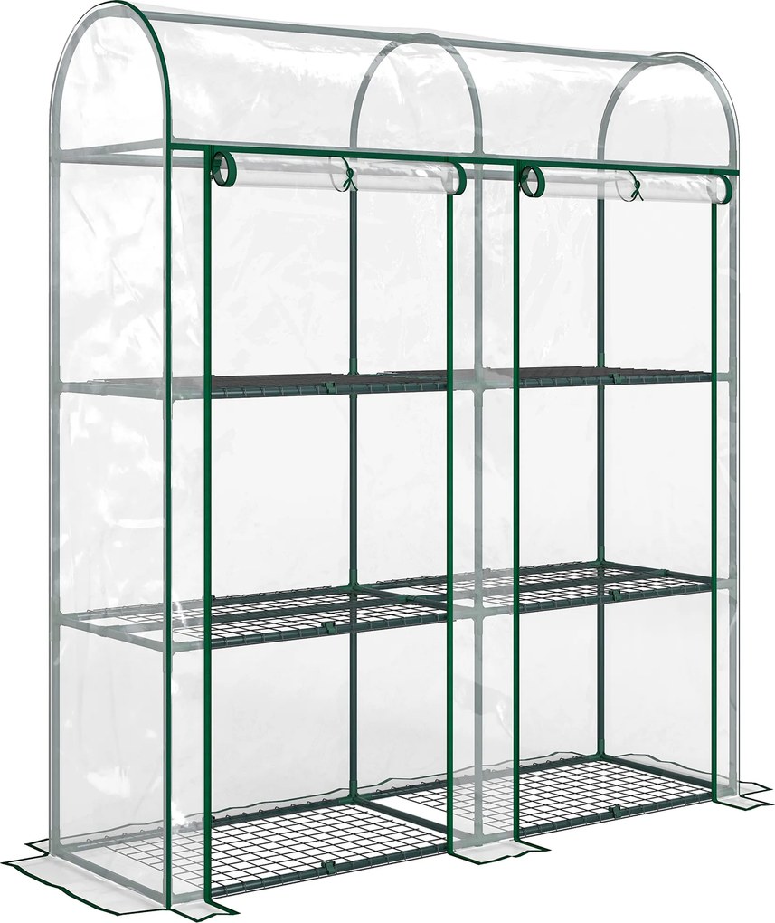 Outsunny Estufa Pequena de 3 Níveis 2 Portas Enroláveis Estrutura de Aço Cobertura de Plástico 143x46x164 cm Transparente | Aosom Portugal