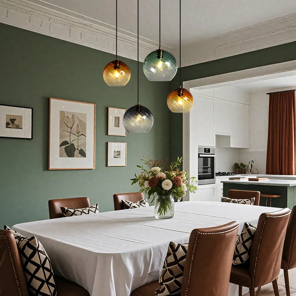 Candeeiro suspenso bronze com vidro fumado âmbar e verde redondo 4 luzes - Bao