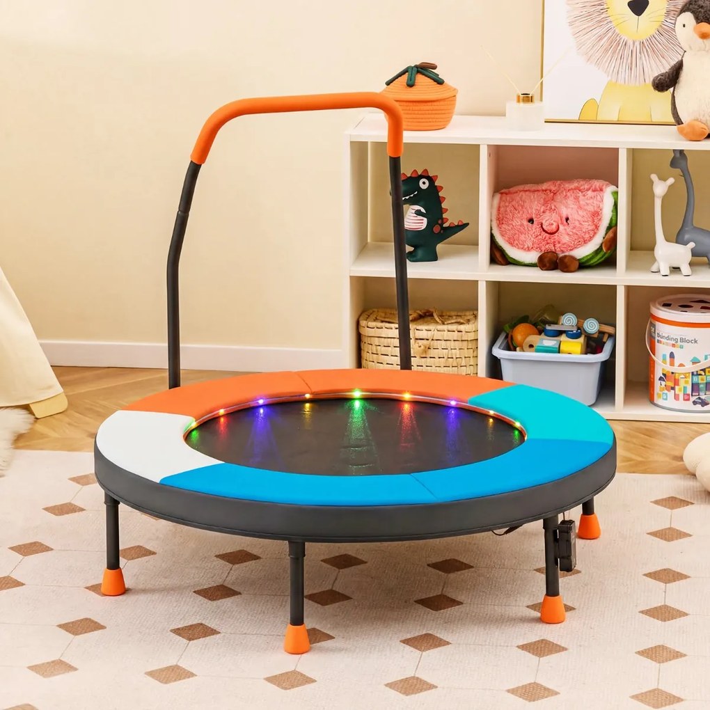 Mini-trampolim para crianças de 90 cm com luzes, dobrável, com barra de espuma e capa de segurança acolchoada multicolorida 2