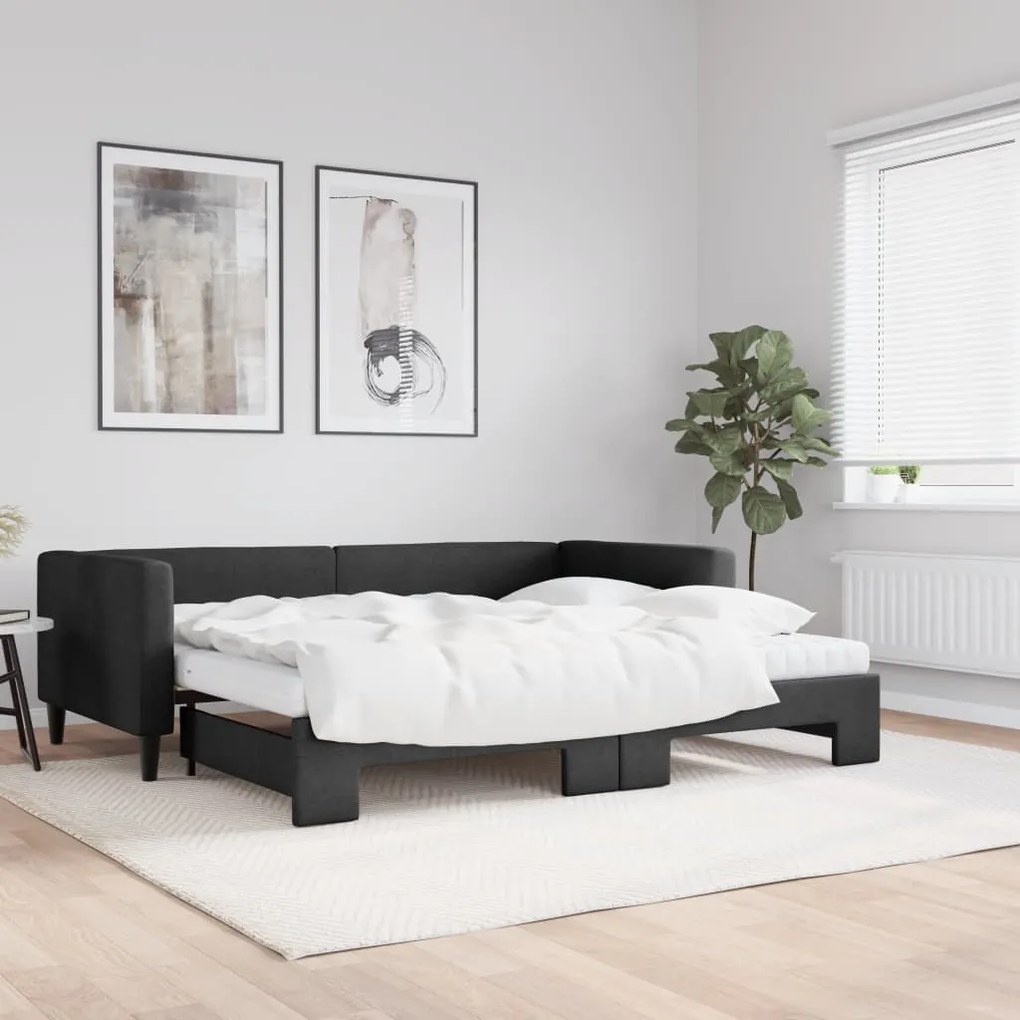 vidaXL Sofá-cama com gavetão e colchões 90x200 cm tecido preto