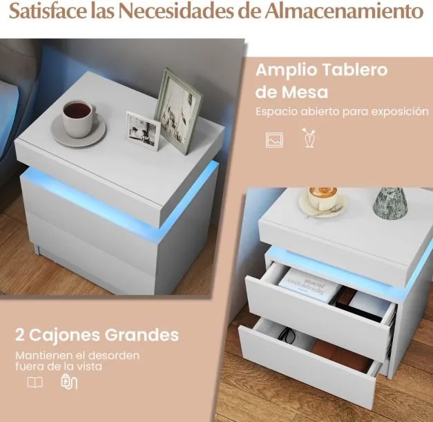 Mesa de cabeceira com luzes LED, 2 gavetas de arrumação, acabamento brilhante e textura de mármore branca