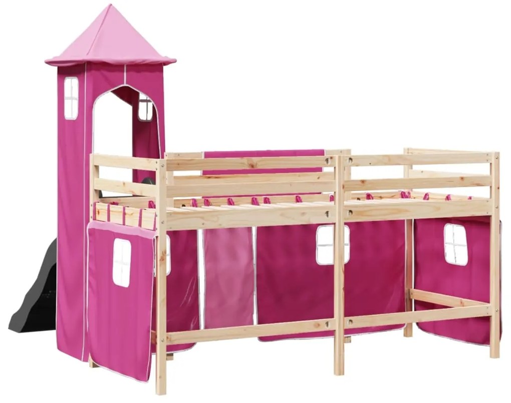 Cama alta para criança com torre 80x200 cm pinho maciço rosa