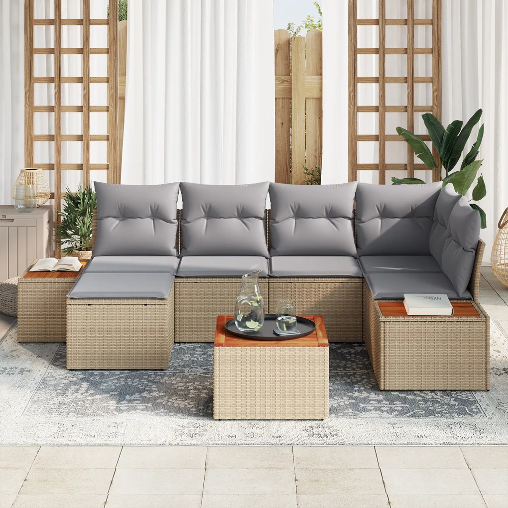 Conjunto de Sofá de Jardim vidaXL de 7 Peças com Almofadas Bege Vime A