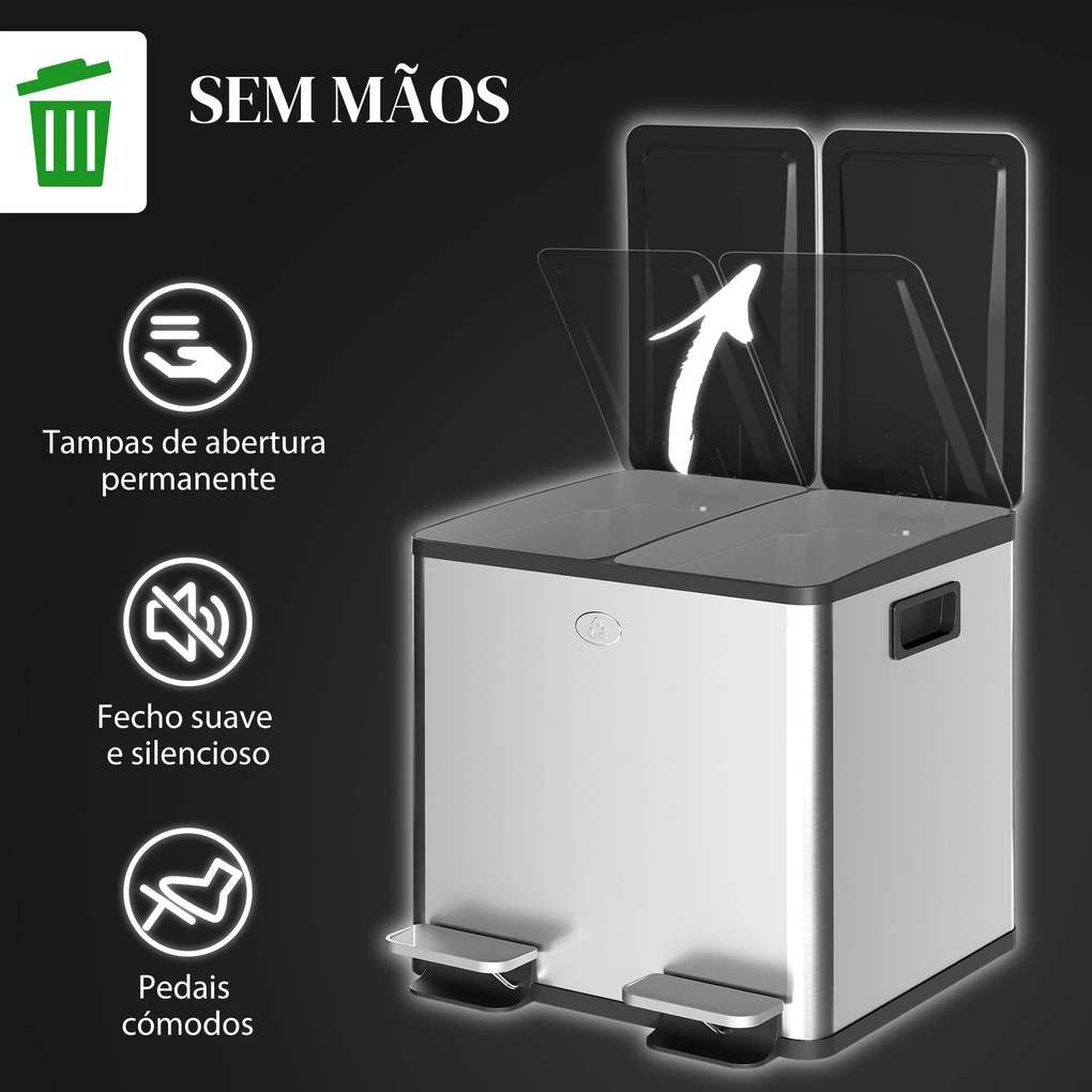 Balde de Lixo de Cozinha com 2 Compartimentos 2x15L Cubo de Lixo de Aç