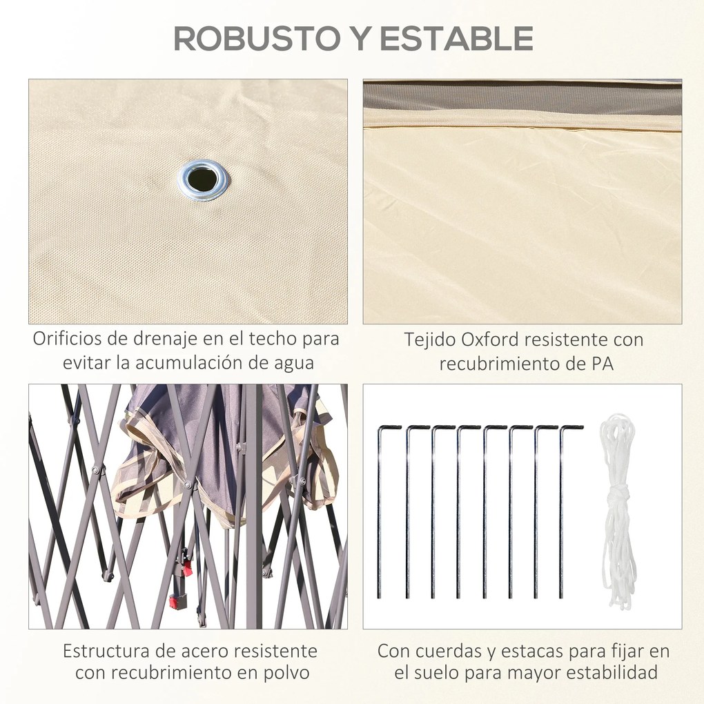 Outsunny Pérgola Dobrável Exterior 3,3x3,3x2,88m com Altura Ajustável Pérgola de Jardim com Duplo Teto 4 Mosquiteiras Removíveis e Bolsa de Transporte para Acampamento Festas Bege