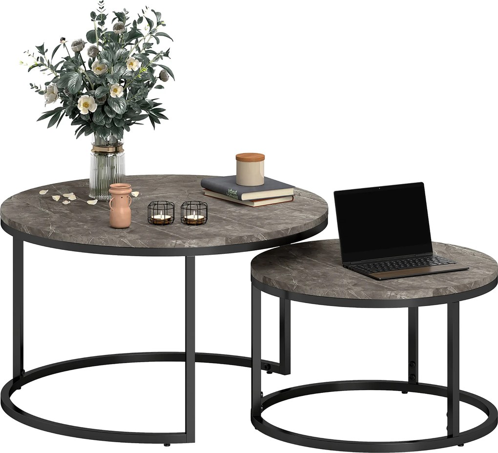 Conjunto de 2 mesas baixas centro encaixáveis e empilháveis, de design industrial, com tampo em imitação de cimento e pés em metal cinzentas e pretas