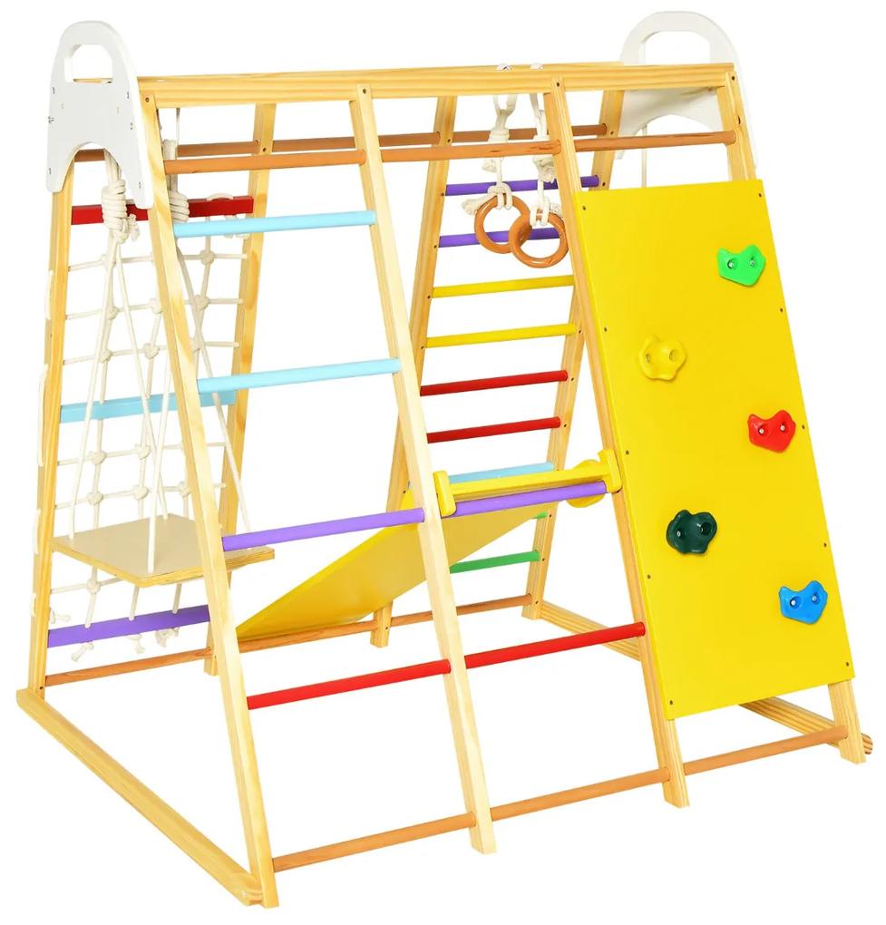 Triângulo de escalada infantil 8 em 1 de madeira, escorrega, com escada de corda de baloiço deslizante playground interno Colorido