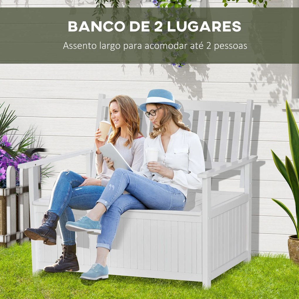 Outsunny Banco de Madeira Exterior de 2 Lugares com Espaço de Armazenamento e Tecido Oxford Banco Baú de Jardim Terraço com Apoio para os Braços Carga 250kg 125x68,5x97 Branco