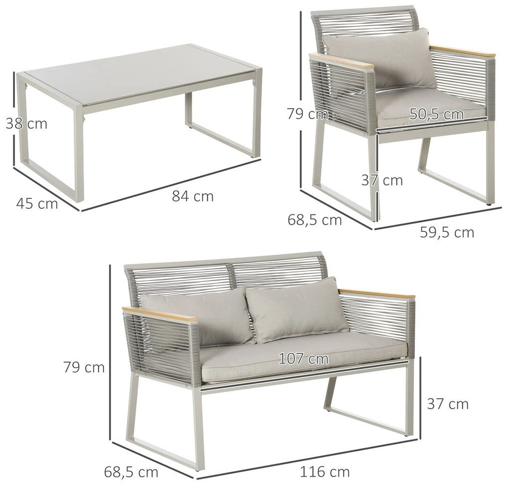 Conjunto de Móveis de Jardim Vime 4 Peças Sofá Duplo 2 Poltronas Individuais e Mesa de Centro com Vidro com Almofadas para Exterior Terraço Cinza