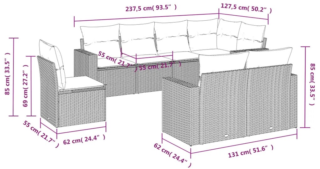8 pcs conjunto sofás de jardim c/ almofadões vime PE castanho