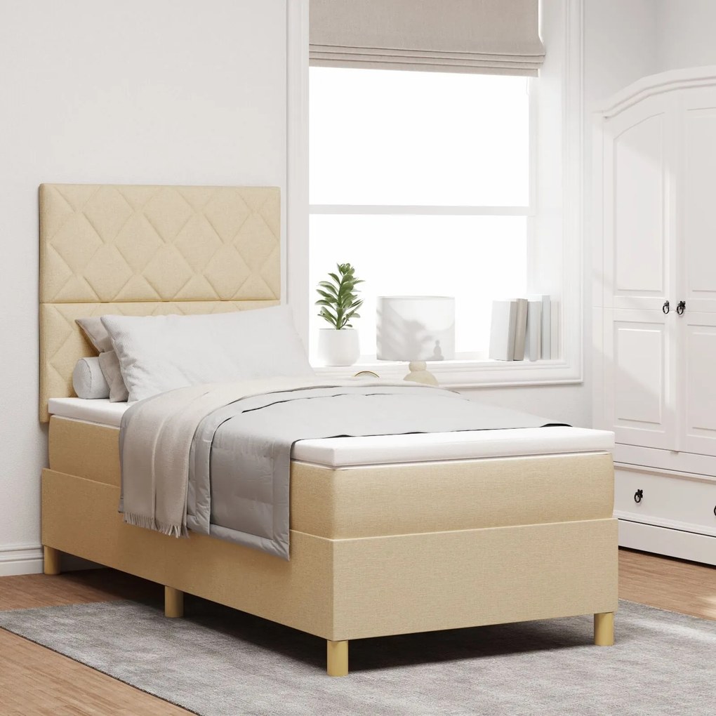 Cama com Molas Com Colchão & LED Creme 100x200 cm Tecido