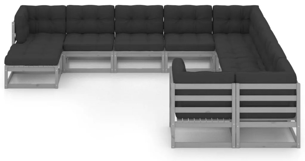 11 pcs conj. lounge jardim c/ almofadões pinho maciço cinzento