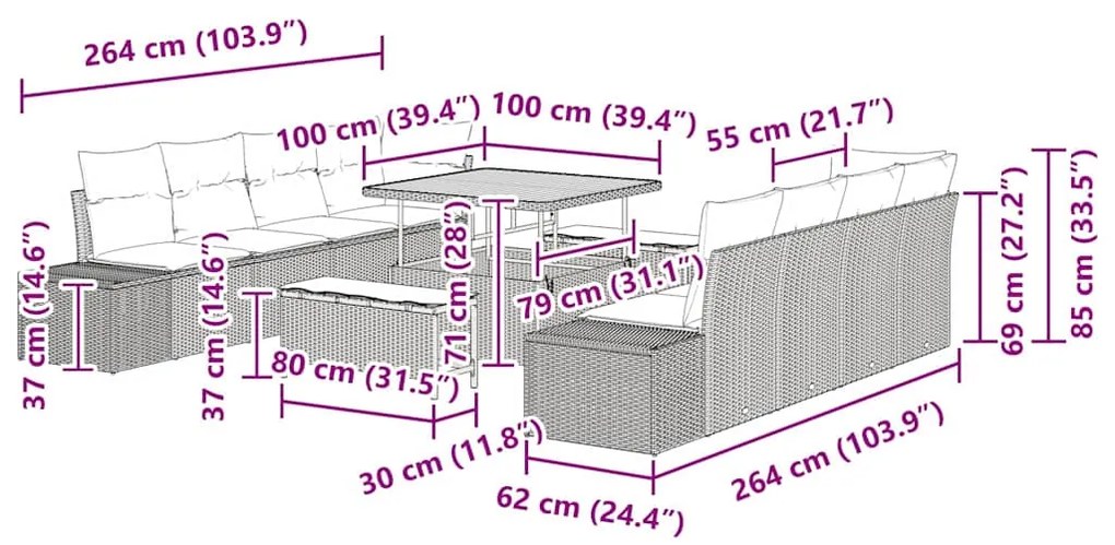 Conjunto de Sofá de Jardim 11 Peças com Almofadas Rattan Preto de Acác