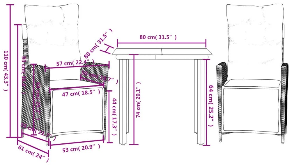 3 pcs conjunto de jantar p/ jardim c/ almofadões vime PE preto