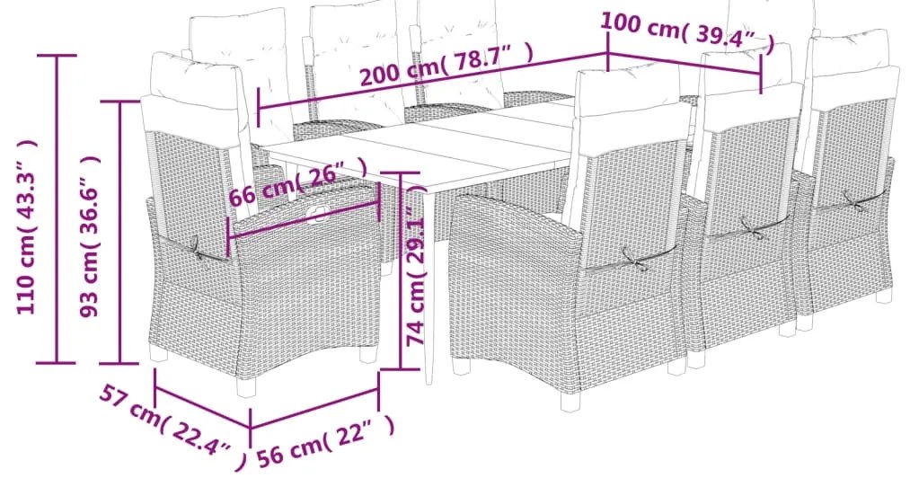 9 pcs conjunto de jantar p/ jardim com almofadões vime PE bege