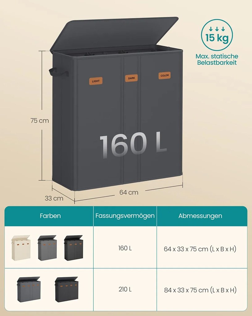 Cesto para roupa suja com três compartimentos (160L) 64 x 33 x 75 cm Cinzento